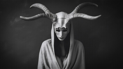 Studio portrait of a woman wearing a mask and a hood cloak. Headdress made of animal antlers. Surreal and mysterious.