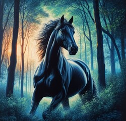Stunning image of a black horse in a forest is sure to capture the attention of any viewer., adding a personal touch to the image. The horse appears to be galloping through the trees, with its mane an