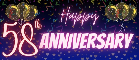 58th or fifty eight anniversary template. Shiny neon calligraphy text and number with Confetti, balloons and sparkle on elegant blue gradient background. Use for design, greeting card and invitation