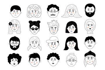 Human faces doodle set. People avatars of different sex, nationality, age and facial expression for social networks, website. Hand drawn  sketches of young, old men and women.