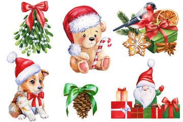 Puppy, teddy bear in Santa hat, bullfinch, mistletoe and gift on isolated background, holiday watercolor illustration