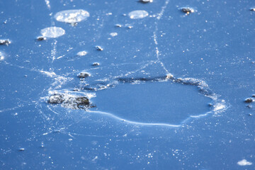 Frozen lake surface with a hole in thin ice, natural background photo