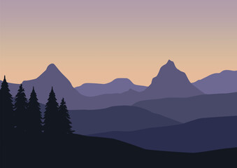 Mountains and pine forests. Vector illustration in flat style.