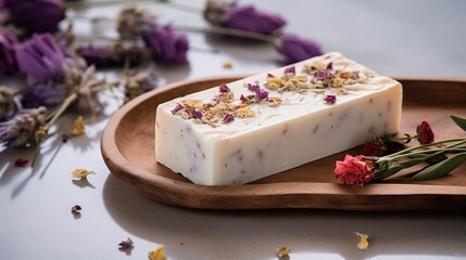 A rustic herbal soap bar with dried flowers embedded, highlighting natural skincare, placed on a neutral white slate.