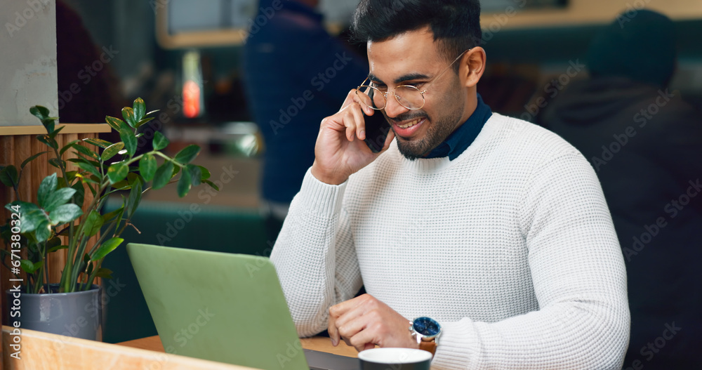 Poster man, phone call and laptop at cafe for remote work, communication and planning or talking of website