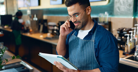 Phone call, restaurant or barista on tablet for small business logistics, social media update or...