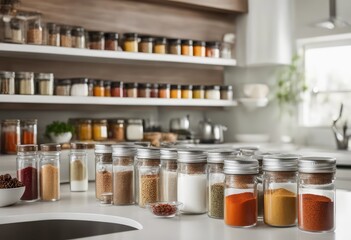 Obraz na płótnie Canvas well-organized spice bottles in the white kitchen, stock photography