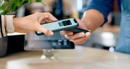 Foto op Aluminium Cashier, customer and phone for POS machine for restaurant fintech, digital payment and easy checkout services. Barista or people hands at point of sale counter with mobile app tap or scan at cafe © HockleyMedia/peopleimages.com