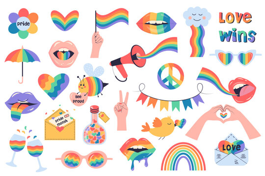 LGBTQ set of symbols. LGBTQ sticker pack set. Rainbow icons of the LGBT pride community. Pride month, bisexual, gender equality, rights concept.