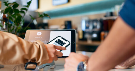 Hands, phone and pos in restaurant, payment and fintech app with digital credit card, deal and...