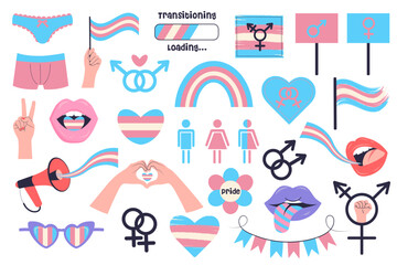 Transgender visibility set of symbols. LGBTQ sticker pack. Rainbow pink and blue icons. Pride month, bisexual, gender equality, human rights, transgender transsexual concept.