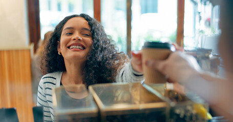 Happy woman, barista or customer order at cafe for service, payment or tea cup on counter at coffee...