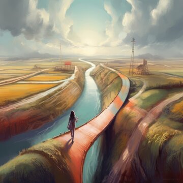 Digital painting of a woman walking on a bridge over a river