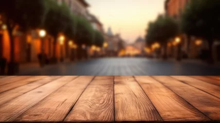 Fototapeten The empty wooden table top with blur background of Rome street. Exuberant image. generative AI © Summit Art Creations