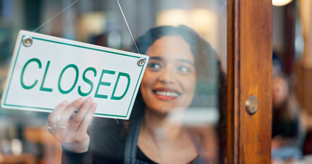 Happy woman, small business or closed sign on window in coffee shop or restaurant for end of...