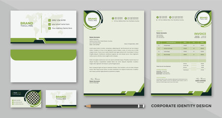 Corporate business stationery set with an abstract geometric design. Office stationery business cards, letterhead, invoice and envelope design bundles.