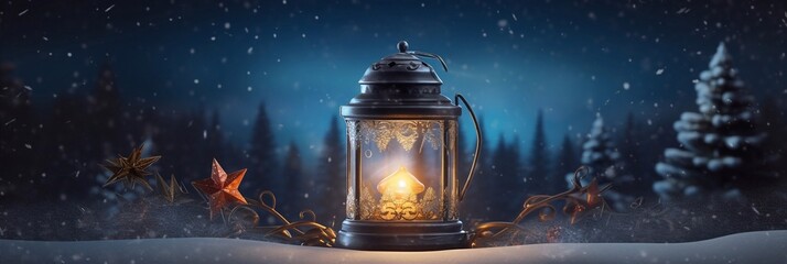 3D illustration Fantasy magic lantern with burning candle outdoors and Decorated Christmas. Romantic banner with snow and dark magic copy space