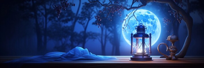 Romantic Dark night magic scene with night lanterns on a wooden table. Smoke, magic, magical, fabulous night. Blue neon, moonlight at night - obrazy, fototapety, plakaty