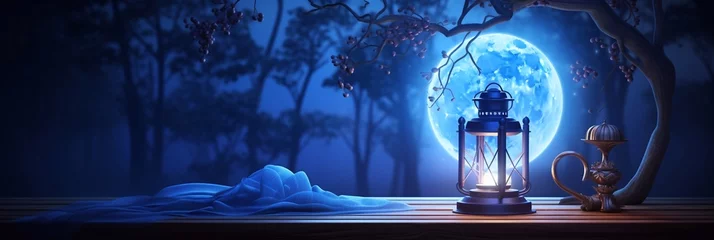 Fototapeten Romantic Dark night magic scene with night lanterns on a wooden table. Smoke, magic, magical, fabulous night. Blue neon, moonlight at night © vita555
