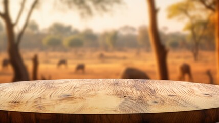 The empty wooden brown table top with blur background of Savanna Safari. Exuberant image. generative AI - obrazy, fototapety, plakaty