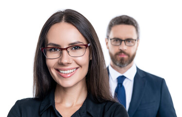 two colleagues in office. businesspeople with coworker. business leadership and success. leader representing leadership. successful businesspeople. business leader isolated on white. selective focus