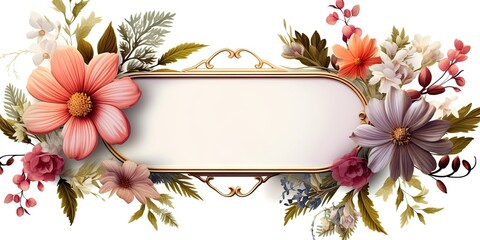 Botanical romance. Floral frame on white background with vintage elegance. Spring garden delight. Design for romantic invitations. Elegant  for postcards