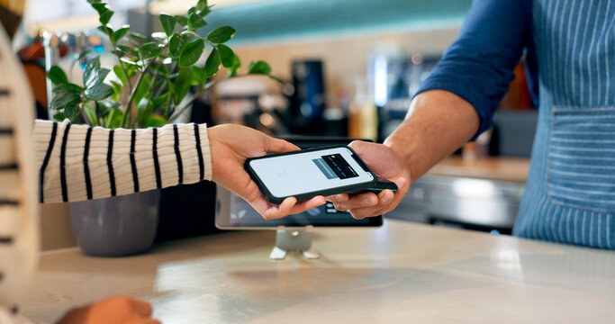 Hands, phone and pos in cafe, payment and fintech app for discount, deal or services with help in store. People, smartphone and machine for point of sale, banking and digital currency in coffee shop