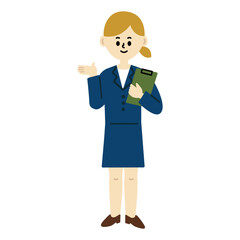 クリップボードを持って立っている　スーツの女性　ビジネス　イラスト　全身