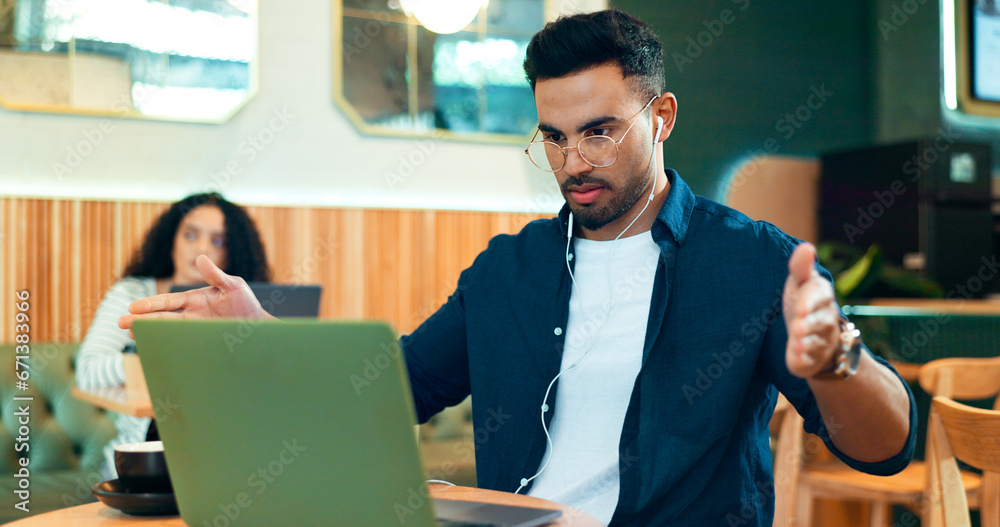 Poster man, laptop and video call in cafe for remote work, online meeting and planning or networking for jo
