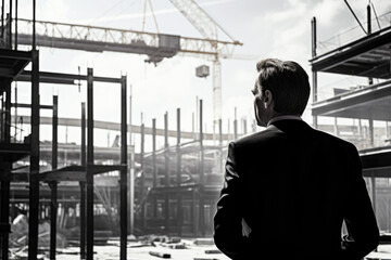 Black and white image of a builder or architect looking at the construction site of a building