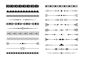 Set tribal ethnic arrow dividers, native indian bow boho in doodle style isolated on white background. Collection borders, decoration elements - obrazy, fototapety, plakaty