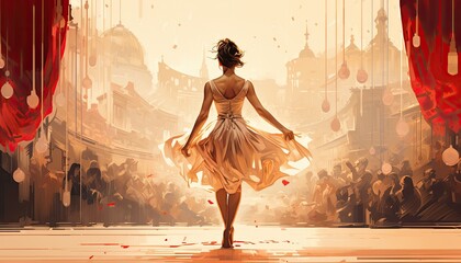Illustration Showcasing the Rear View of a Ballerina Stepping onto the Stage, Embarking on a Beautiful Performance - obrazy, fototapety, plakaty