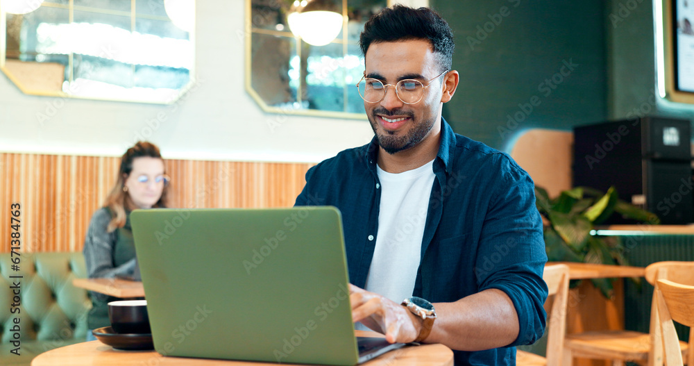 Poster coffee shop, internet and man with a laptop, typing and connection with website, startup and plannin