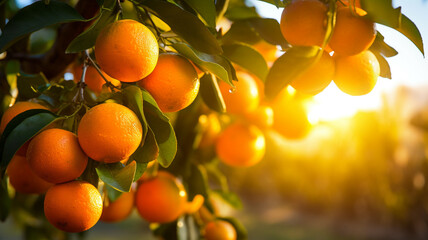 bunch of juicy oranges grow hanging from a tree branch in the morning