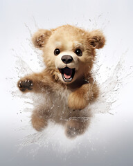 A funny looking bear is playing with water