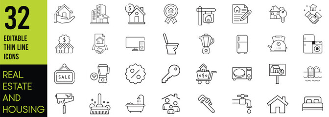 Set of line icons related to real estate, property, buying, renting, house, home. Outline icon collection. Vector illustration. Linear business symbols - obrazy, fototapety, plakaty
