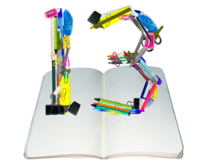 The shape of the number 13 is made of various kinds of stationery isolated on transparent background