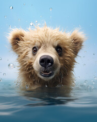 A funny looking bear is playing with water