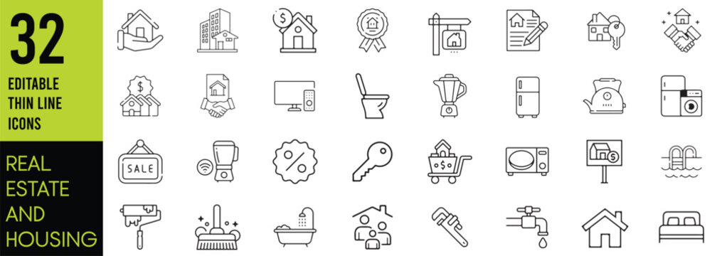 Set of line icons related to real estate, property, buying, renting, house, home. Outline icon collection. Vector illustration. Linear business symbols