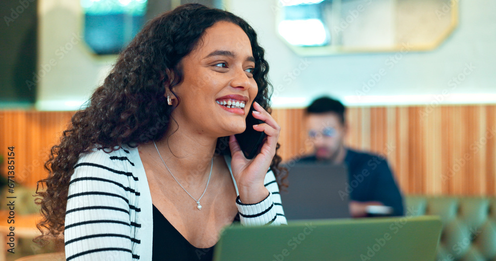 Poster Woman, phone call and happy in cafe for remote work, communication or networking for business. Face, person and smile with smartphone in coffee shop for copywriting, conversation and freelancer