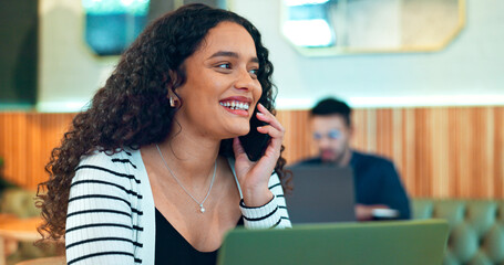 Woman, phone call and happy in cafe for remote work, communication or networking for business. Face, person and smile with smartphone in coffee shop for copywriting, conversation and freelancer