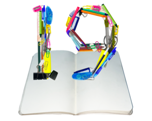 The shape of the number 19 is made of various kinds of stationery isolated on transparent background