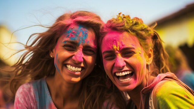 Laughing Indian people dancing in the street of India, Holi festival, Phagwah, Bhojpuri, multi-colored powder , festival of colors