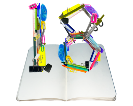 The shape of the number 18 is made of various kinds of stationery isolated on transparent background