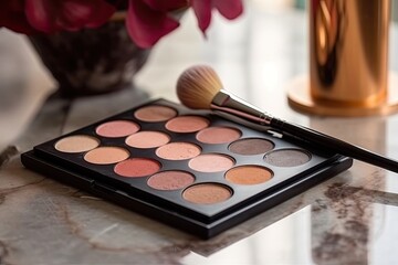 Eyeshadow Palette and Makeup Artist Tools Set against a Marble Backdrop