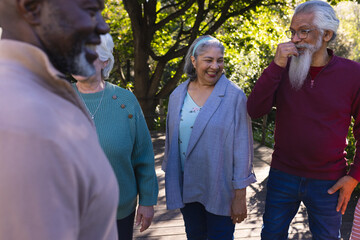 Fototapeta premium Happy diverse group of senior friends discussing and smiling in sunny garden