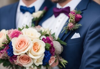 Embracing equality: A close-up of a wedding bouquet with one groom holding it, symbolizing love and commitment in a same-sex couple