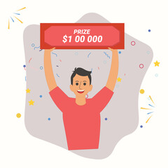 Lucky boy win lottery. Huge money prize in lottery, Happy winner holding bank check for million dollars , Vector illustration , Boy won competition