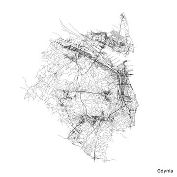 Fototapeta Gdynia city map with roads and streets, Poland. Vector outline illustration.