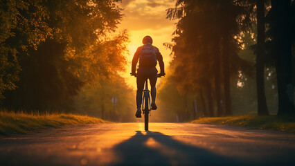 a happy man cycling in a city park. - obrazy, fototapety, plakaty